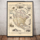 Mappa antica del Nord America, 1851 di Tallis & Rapkin - USA, Canada, Messico, Eschimesi, Castori, Nativi illustrati 