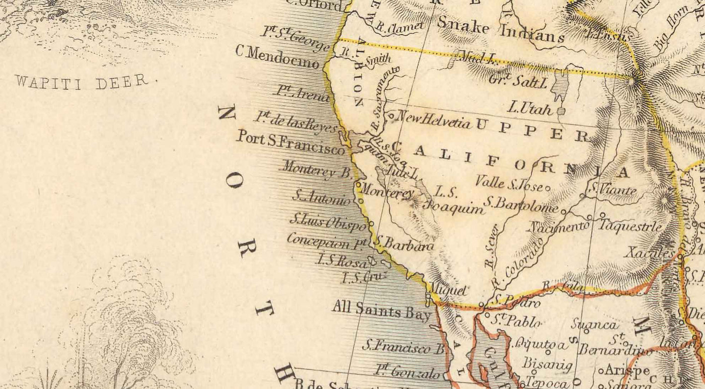 Antiguo mapa de América del Norte, 1851 por Tallis & Rapkin - Ilustrado Estados Unidos, Canadá, México, esquimales, castores, nativos