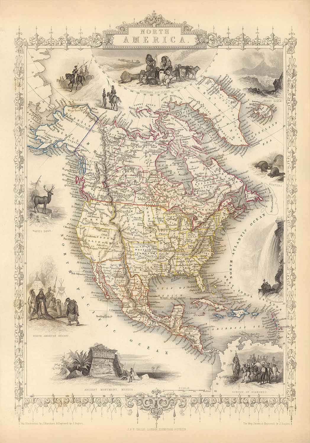 Alte Karte von Nordamerika, 1851 von Tallis & Rapkin - Illustrierte USA, Kanada, Mexiko, Eskimos, Biber, Eingeborene