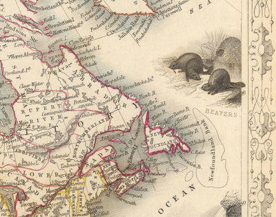 Antiguo mapa de América del Norte, 1851 por Tallis & Rapkin - Ilustrado Estados Unidos, Canadá, México, esquimales, castores, nativos