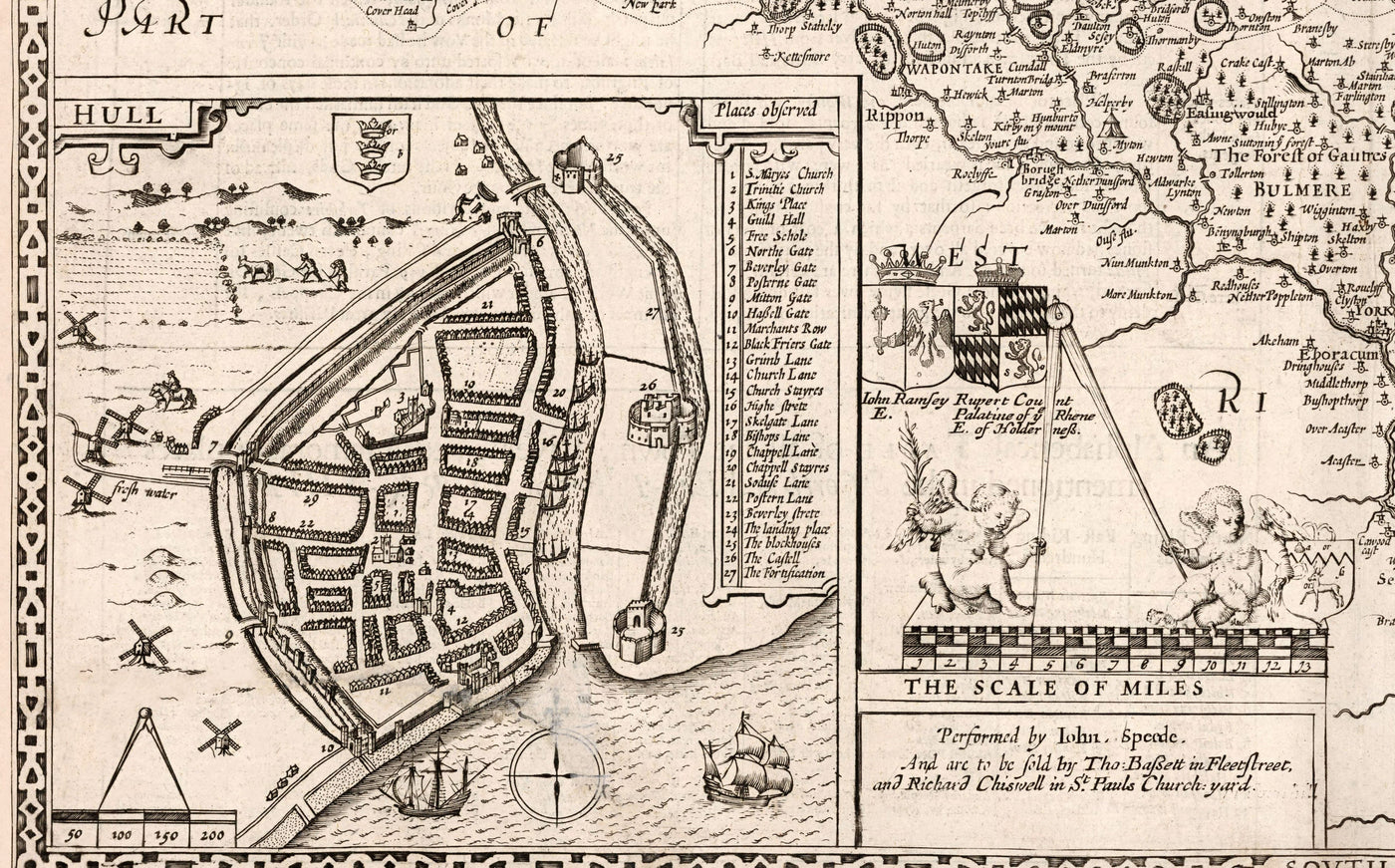 Mapa antiguo North and East Yorkshire, 1611 de John Speed ​​- Hull, York, Middlesbrough, Harrogate