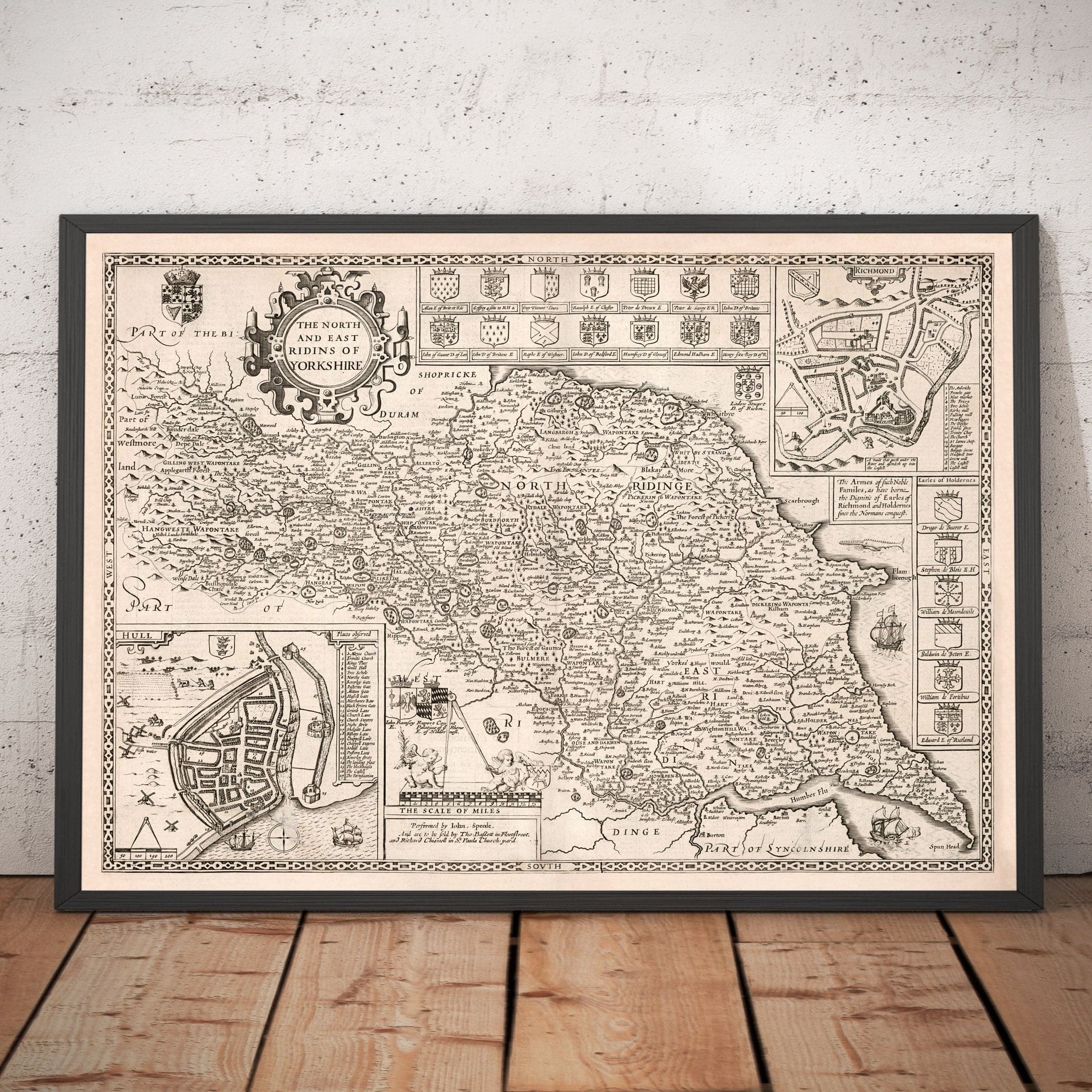 Old Map of North and East Yorkshire - North And East Yorkshire John Speed Bw Framed Mockup 