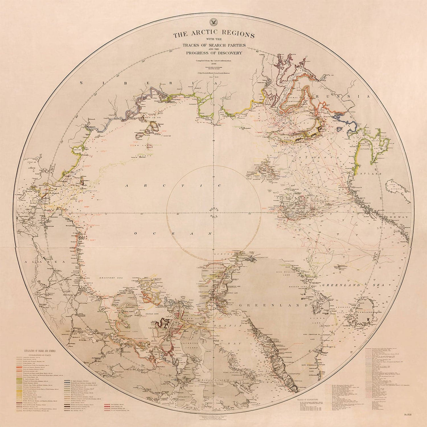 Alte Nordpol-Erkundungskarte, 1896 von US Navy - Atlas Explorer-Karte des Arctic-Kreises
