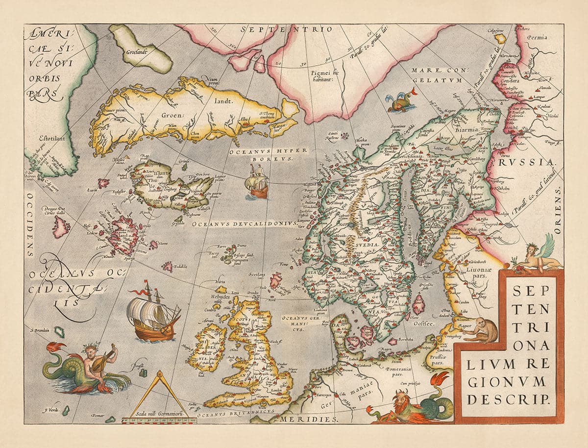 Alte Karte von Nordsee und Atlantik, 1575 mit mythischen Frisland von Abraham Ortelius - Skandinavien, britische Inseln, Island, Grönland