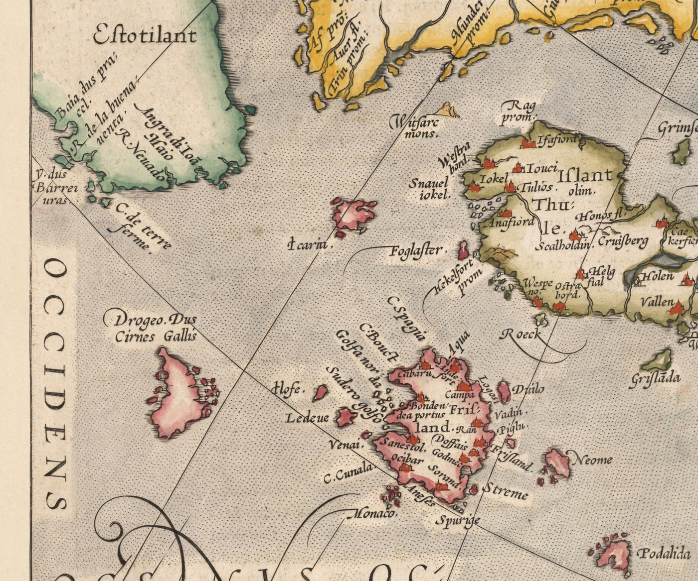 Ancienne Carte de la mer du Nord et de l'Atlantique, 1575 avec mythique Frisland par Abraham Ortelius - Scandinavie, Îles Britanniques, Islande, Groenland