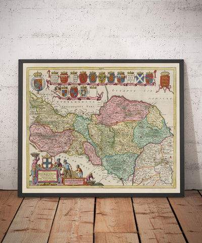 Alte Karte von North Yorkshire, 1665 von Joan Blaeu - York, Middlesbrough, Scarborough, Whitby, Malon, Pickering, Richmond