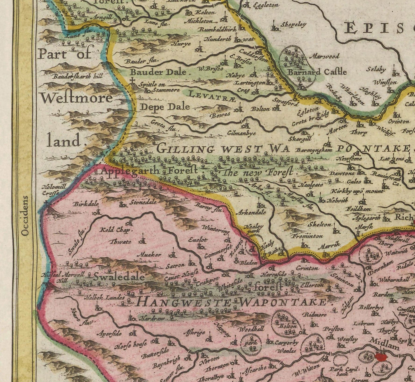 Alte Karte von North Yorkshire, 1665 von Joan Blaeu - York, Middlesbrough, Scarborough, Whitby, Malon, Pickering, Richmond