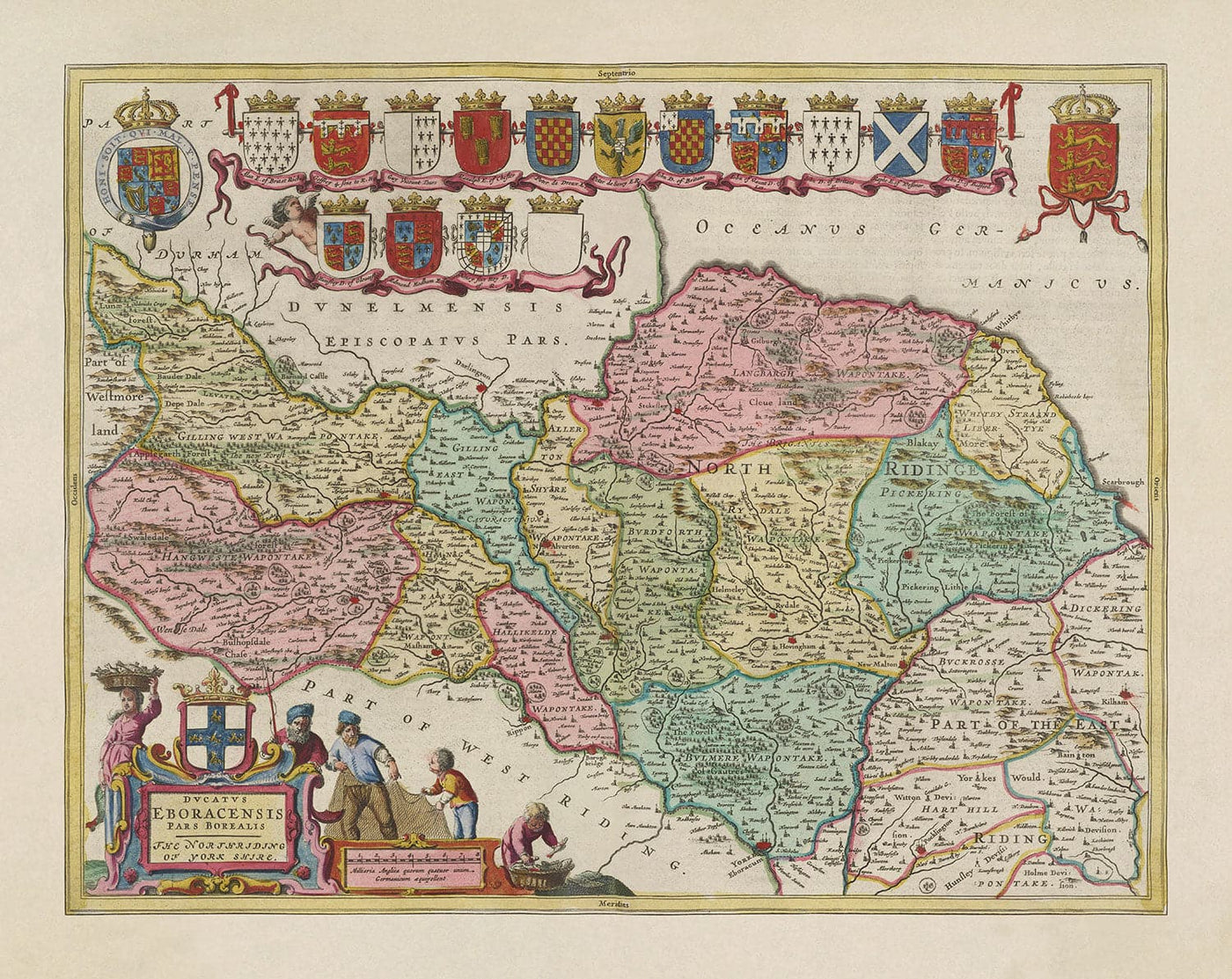 Mapa antiguo de North Yorkshire, 1665 de Joan Blaeu - York, Middlesbrough, Scarborough, Whitby, Malton, Pickering, Richmond