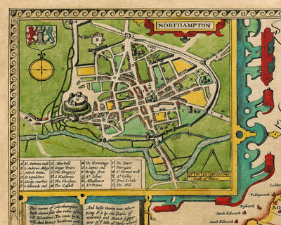 Mapa antiguo de Northamptonshire, 1611 de John Speed ​​- Northampton, Kettering, Peterborough