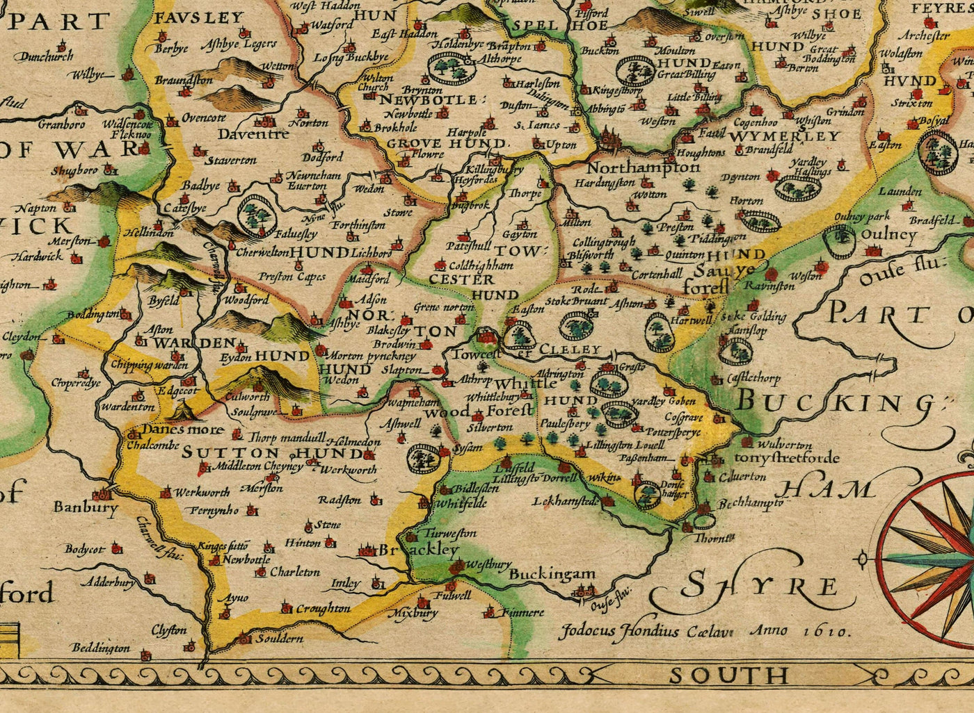 Mapa antiguo de Northamptonshire, 1611 de John Speed ​​- Northampton, Kettering, Peterborough