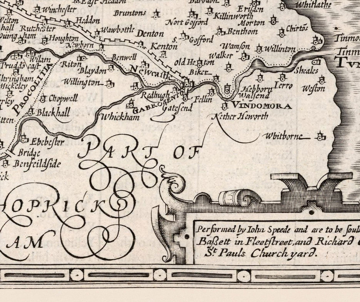 Ancienne carte de Northumberland en 1611 - Newcastle, Gateshead, Mur d'Hadrian, South Shields, Tyne et Wear