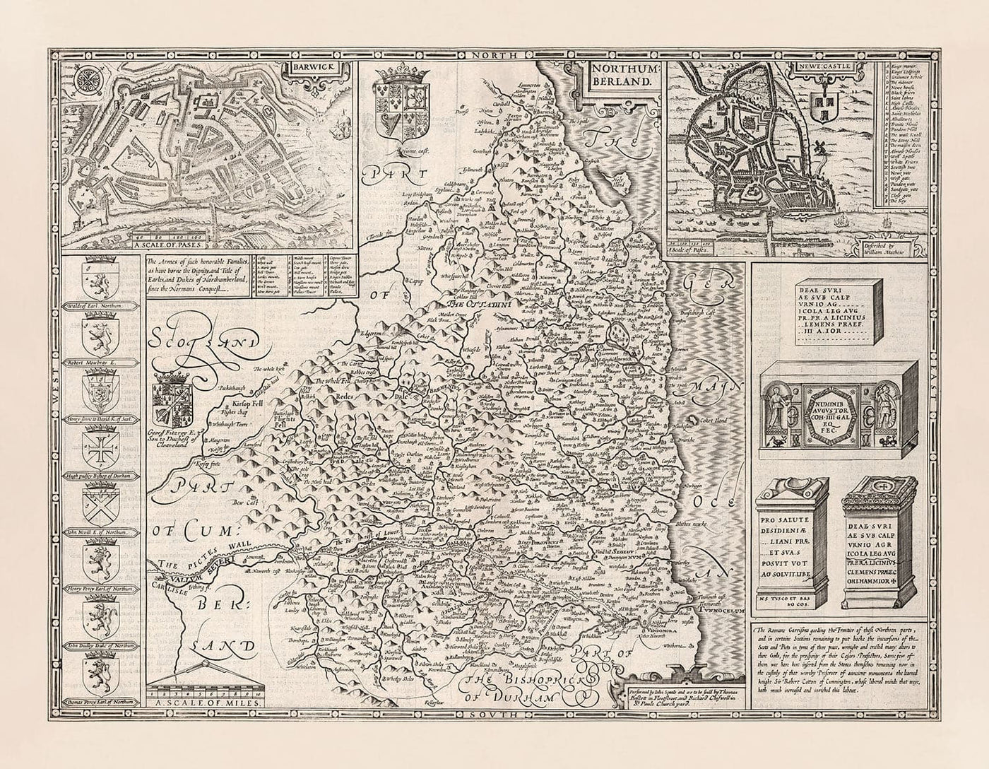 Alte Karte von Northumberland im Jahre 1611 - Newcastle, Gateshead, Hadrians Mauer, Südschilde, Tyne und Wear