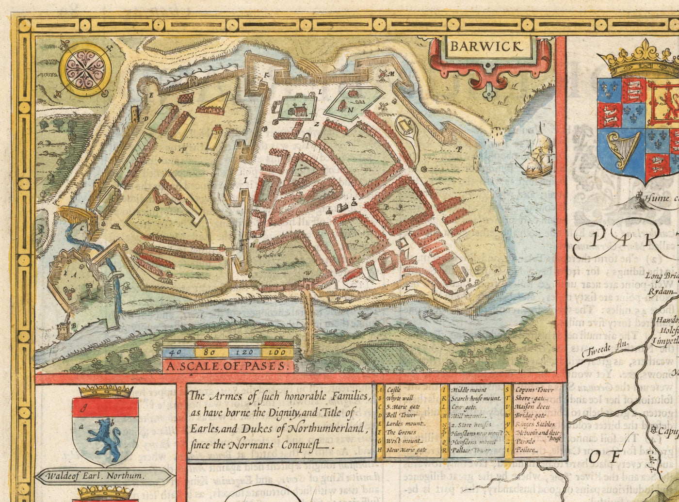 Ancienne carte de Northumberland en 1611 par John Vitesse - Newcastle, Gateshead, Wall de Hadrian, Tyne et Wear