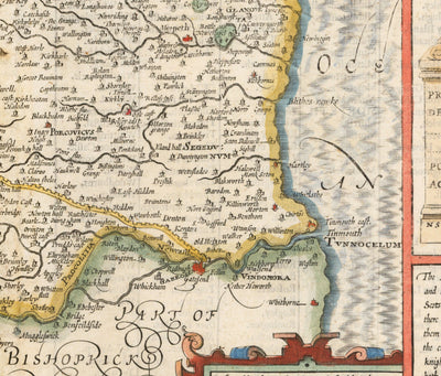 Viejo mapa de Northumberland en 1611 por John Speed ​​- Newcastle, Gateshead, la pared de Hadrian, Tyne y Wear