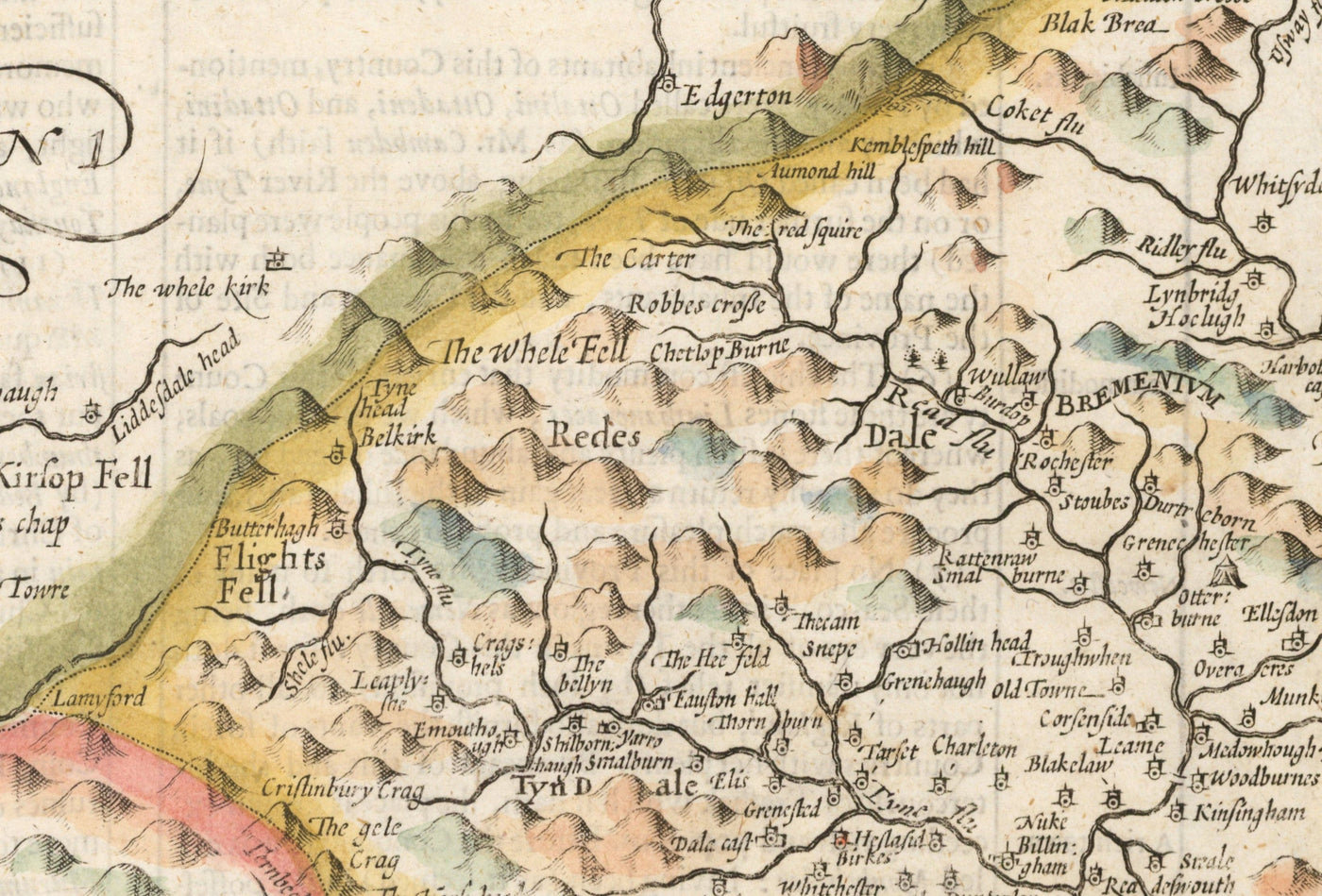 Viejo mapa de Northumberland en 1611 por John Speed ​​- Newcastle, Gateshead, la pared de Hadrian, Tyne y Wear