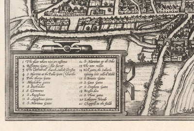 Ancienne carte de granolidge, Angleterre de l'Est, George Braun, villes Orbis Terrarum - Château, remparts