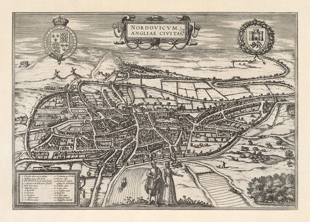 Alte Karte von Norwich, East Anglia 1581 von Georg Braun, Civitates Orbis Terrarum - Burg, Stadtmauern