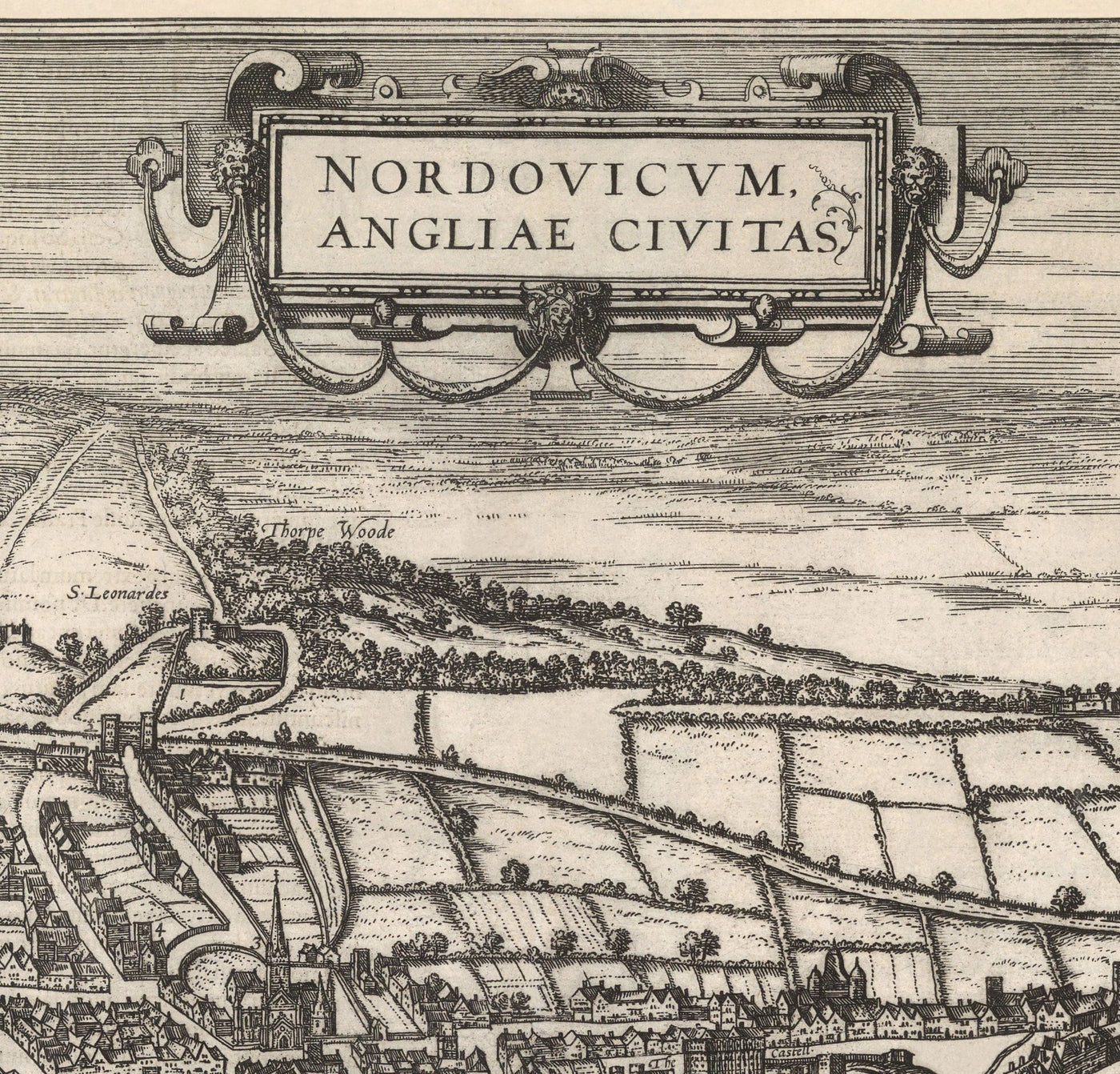 Alte Karte von Norwich, East Anglia 1581 von Georg Braun, Civitates Orbis Terrarum - Burg, Stadtmauern