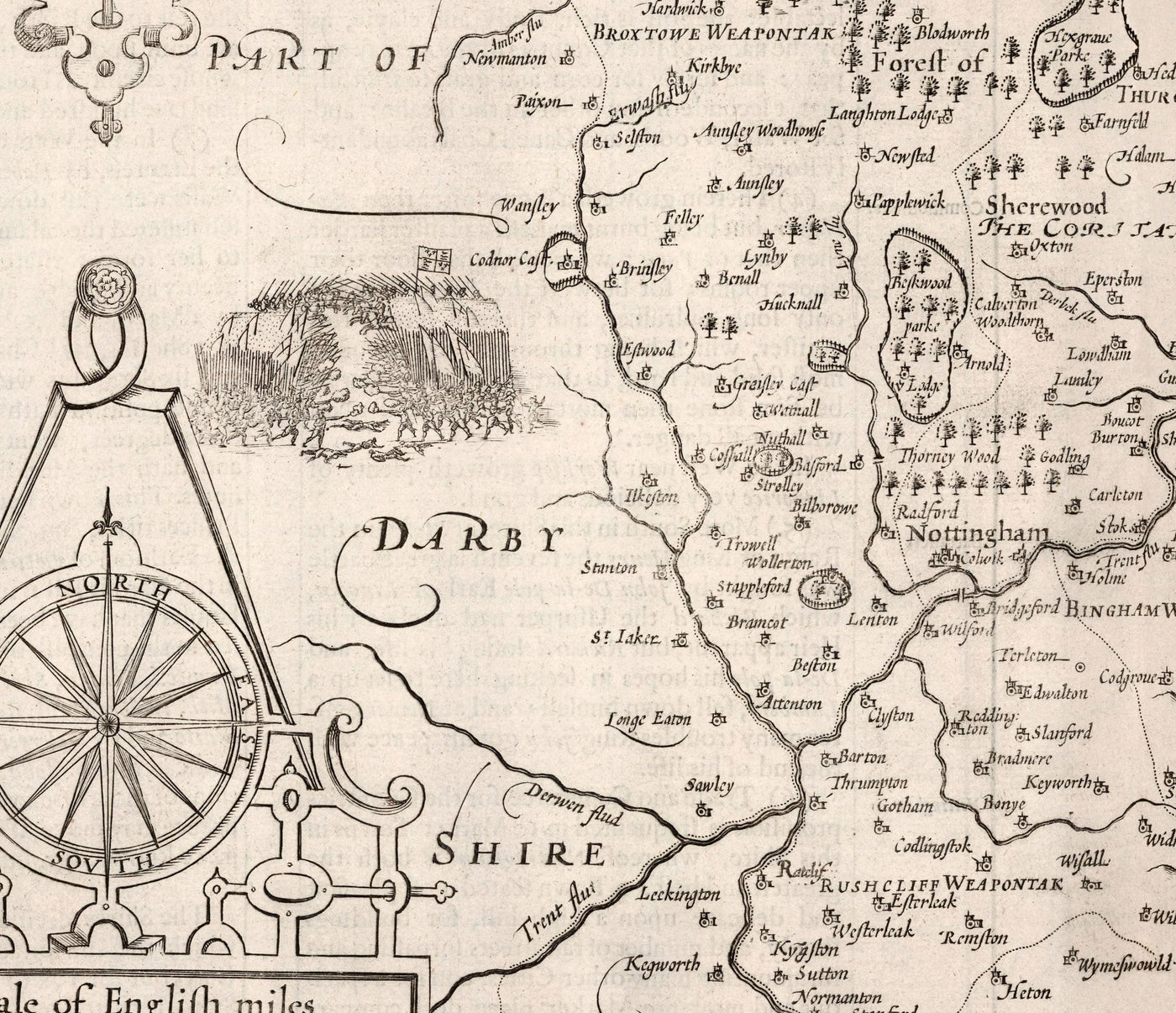 Viejo mapa de Nottinghamshire, 1611 de John Speed ​​- Nottingham, Mansfield, Newark, Workop, Forest Sherwood