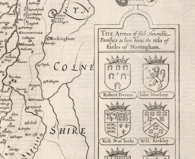 Alte Karte von Nottinghamshire, 1611 von John Speed ​​- Nottingham, Mansfield, Newark, Worksop, Sherwood Wald