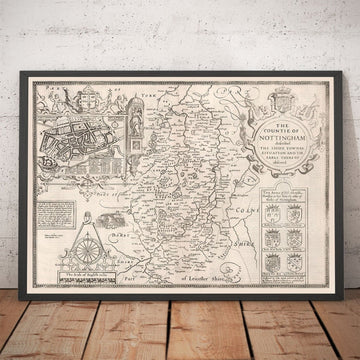 Viejo mapa de Nottinghamshire, 1611 de John Speed ​​- Nottingham, Mansfield, Newark, Workop, Forest Sherwood