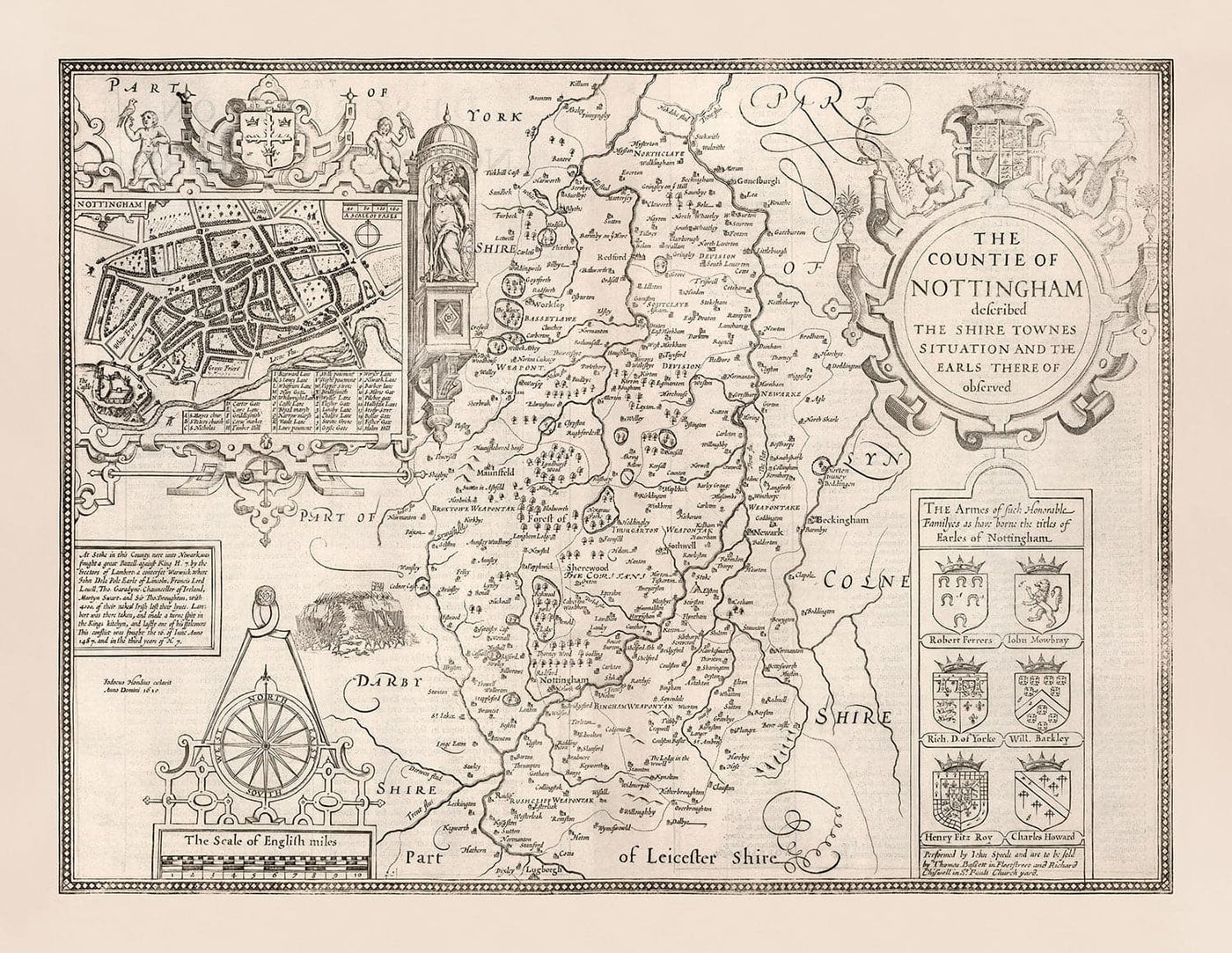 Ancienne carte de Nottinghamshire, 1611 par John Speed ​​- Nottingham, Mansfield, Newark, Travaquage, Sherwood Forest
