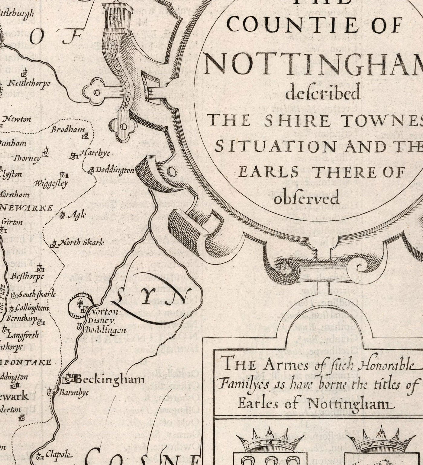 Viejo mapa de Nottinghamshire, 1611 de John Speed ​​- Nottingham, Mansfield, Newark, Workop, Forest Sherwood