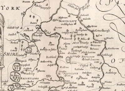 Ancienne carte de Nottinghamshire, 1611 par John Speed ​​- Nottingham, Mansfield, Newark, Travaquage, Sherwood Forest