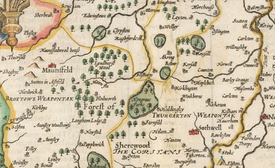 Ancienne carte de Nottinghamshire, 1611 par John Speed ​​- Nottingham, Mansfield, Newark, Worksop