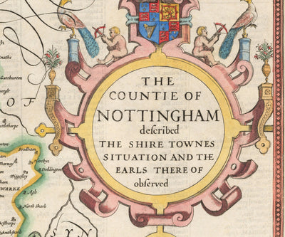 Ancienne carte de Nottinghamshire, 1611 par John Speed ​​- Nottingham, Mansfield, Newark, Worksop