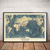 Rare carte ancienne du plancher océanique et du relief terrestre réalisée par l'US Navy en 1976 - Europe, Afrique, Amériques, Antarctique, Australie