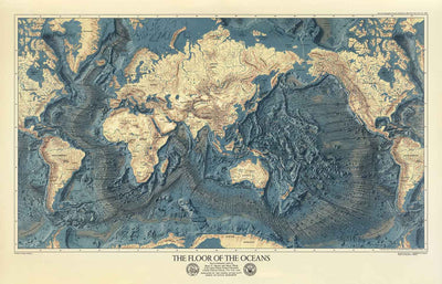 Seltene alte Karte des Meeresbodens und des Landreliefs der US Navy von 1976 - Europa, Afrika, Amerika, Antarktis, Australien