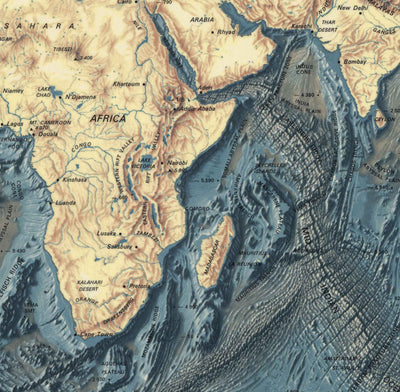 Raro mapa antiguo del suelo oceánico y del relieve terrestre realizado por la marina estadounidense en 1976 - Europa, África, América, Antártida, Australia