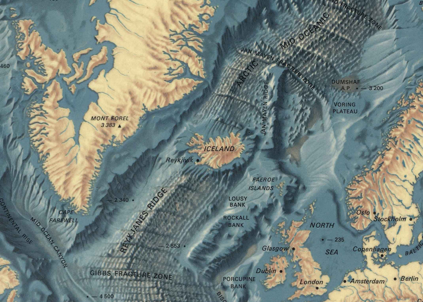 Rare carte ancienne du plancher océanique et du relief terrestre réalisée par l'US Navy en 1976 - Europe, Afrique, Amériques, Antarctique, Australie