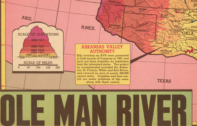 Ancienne carte du bassin du fleuve Mississippi, 1945 - "Ole Man River" - États voisins, contrôle des inondations, golfe du Mexique