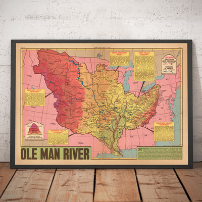 Antiguo mapa de la cuenca del río Mississippi, 1945 - "Ole Man River" - Estados vecinos, control de inundaciones, Golfo de México