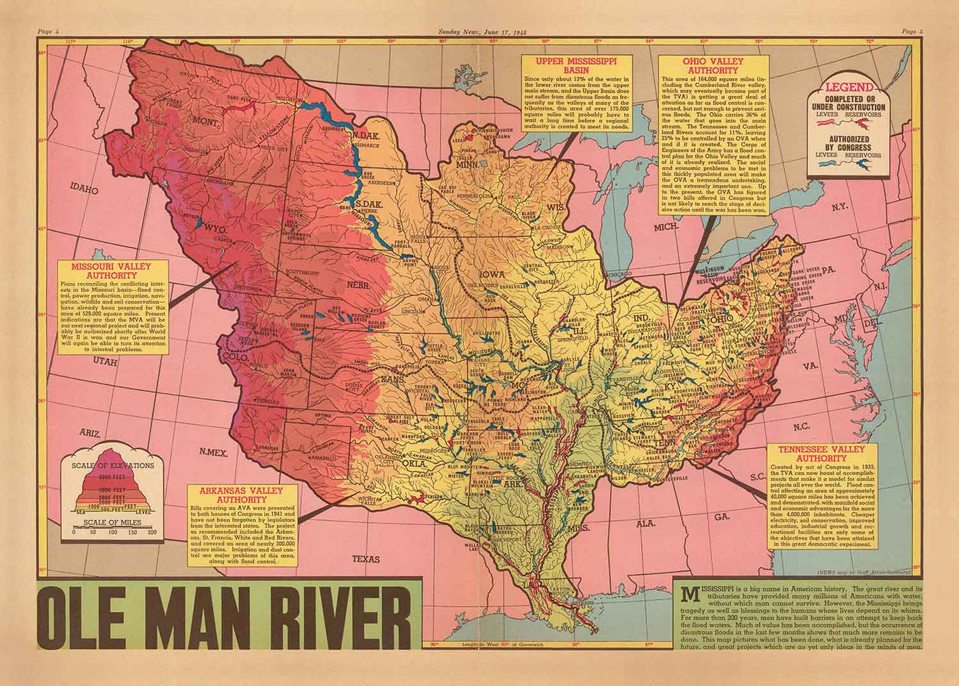 Old Map of Mississippi River Basin, 1945 - "Ole Man River" - Neighbour
