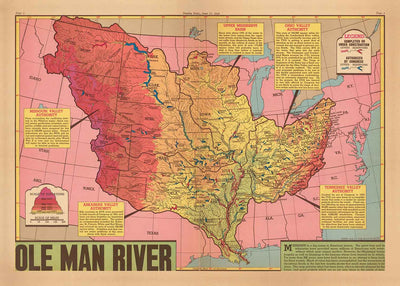 Ancienne carte du bassin du fleuve Mississippi, 1945 - "Ole Man River" - États voisins, contrôle des inondations, golfe du Mexique
