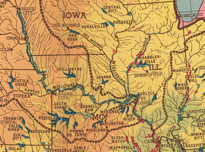 Antiguo mapa de la cuenca del río Mississippi, 1945 - "Ole Man River" - Estados vecinos, control de inundaciones, Golfo de México