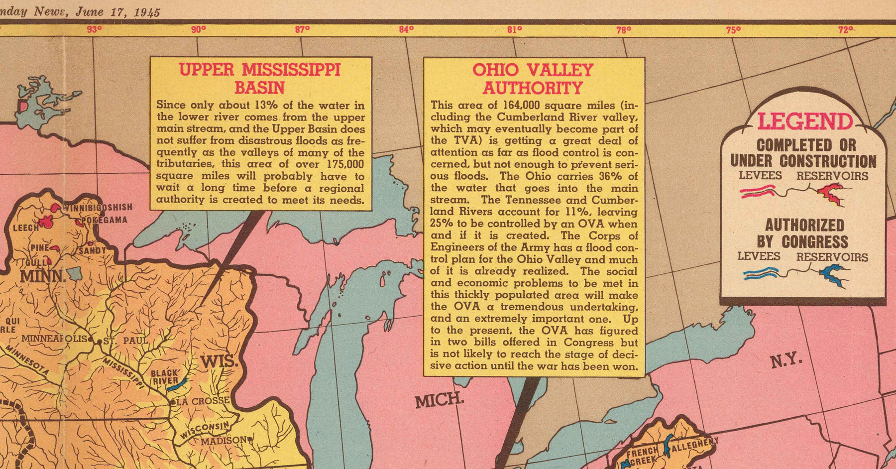 Old Map of Mississippi River Basin, 1945 - "Ole Man River" - Neighbour