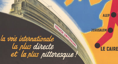 Antiguo póster del tren Orient Express, 1947 por Walther Spinner - Simplón, París, Lausana, Ginebra, Venecia, Londres, El Cairo