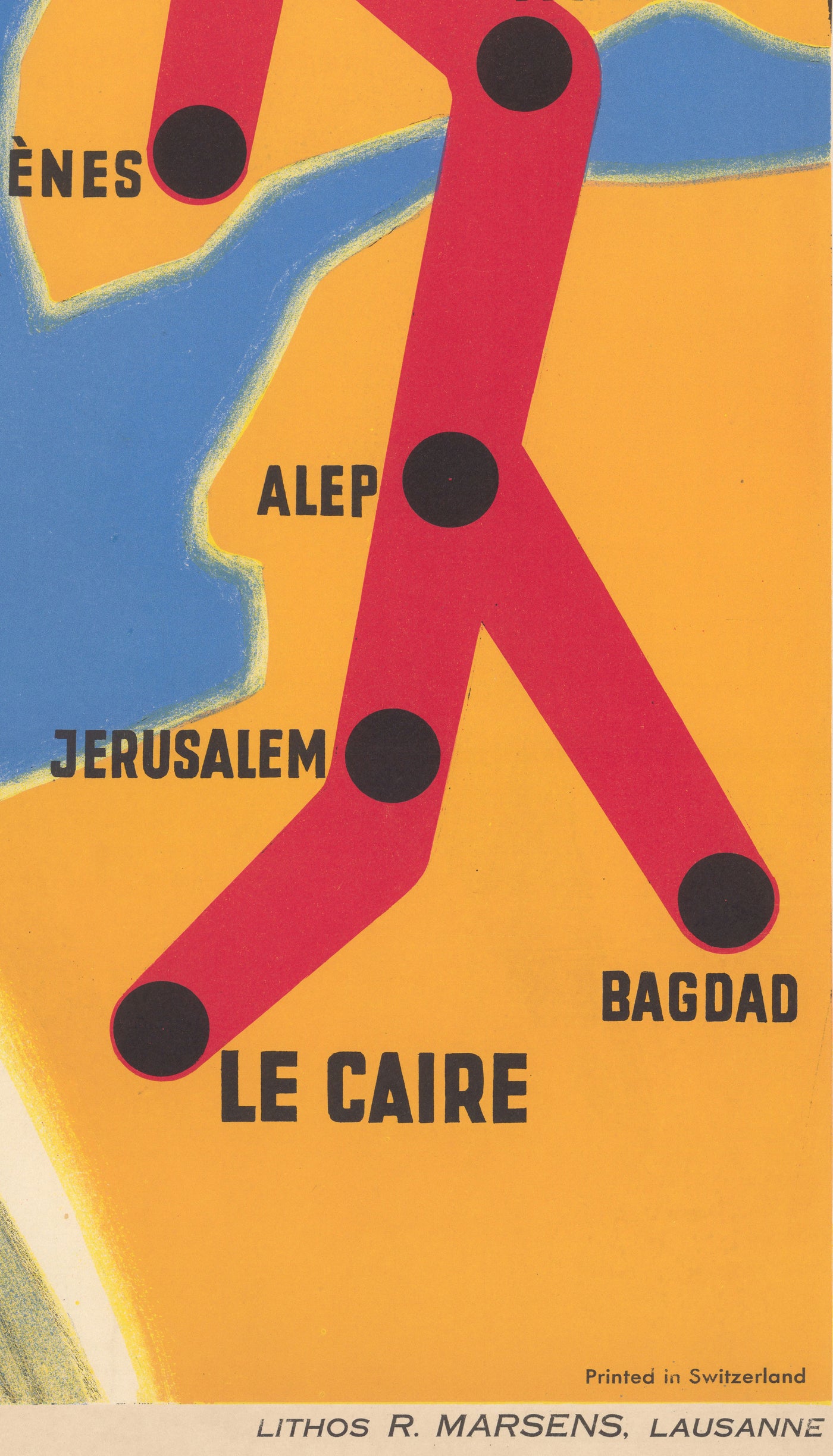 Ancienne carte-affiche du chemin de fer Orient Express, 1947 par Walther Spinner - Simplon, Paris, Lausanne, Genève, Venise, Londres, Le Caire