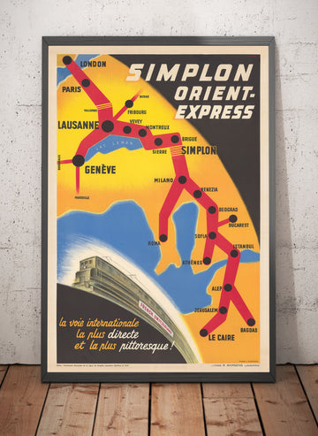 Ancienne carte-affiche du chemin de fer Orient Express, 1947 par Walther Spinner - Simplon, Paris, Lausanne, Genève, Venise, Londres, Le Caire