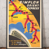 Ancienne carte-affiche du chemin de fer Orient Express, 1947 par Walther Spinner - Simplon, Paris, Lausanne, Genève, Venise, Londres, Le Caire