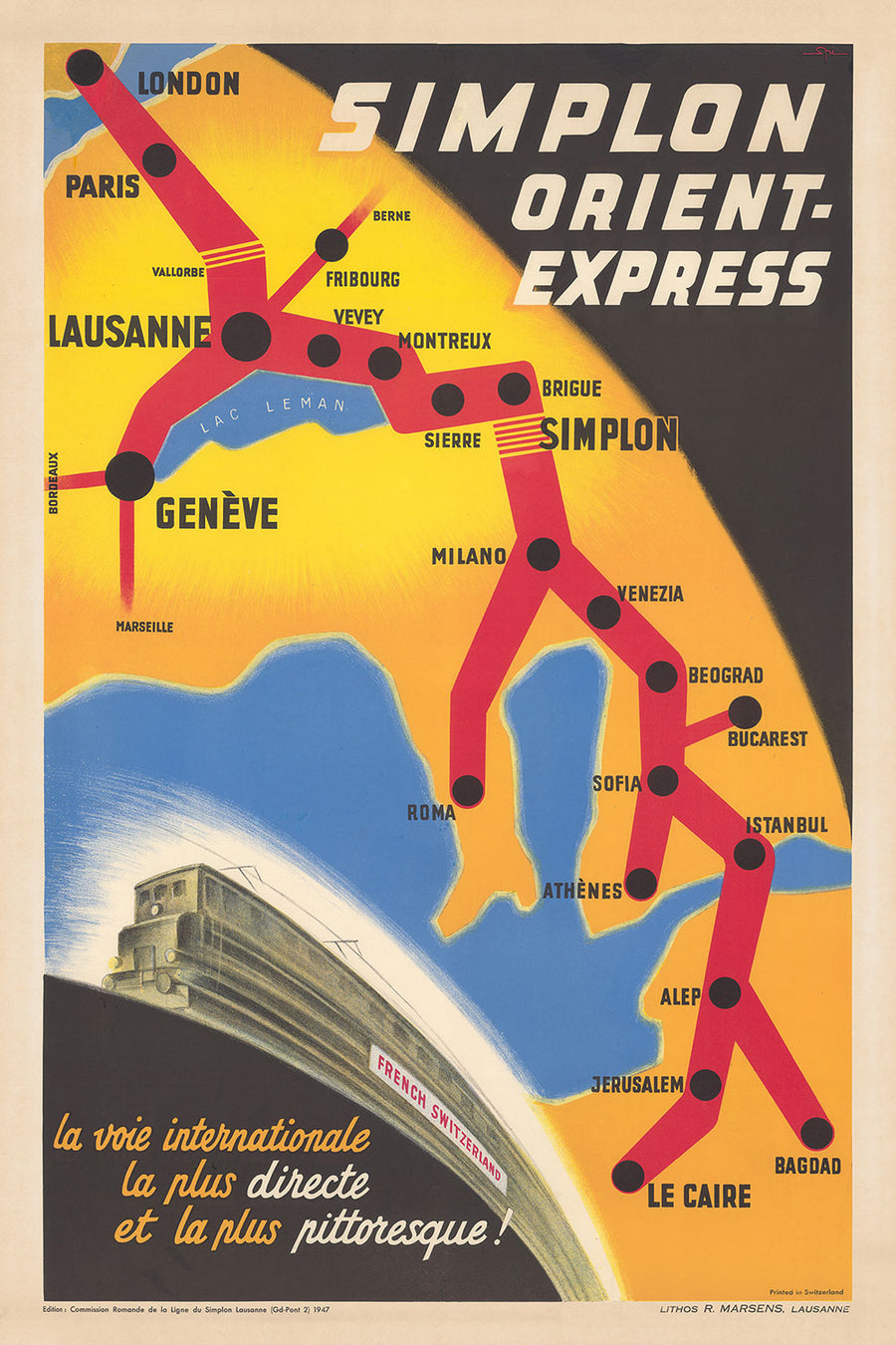 Vecchia mappa poster della ferrovia Orient Express, 1947 di Walther Spinner - Simplon, Parigi, Losanna, Ginevra, Venezia, Londra, Il Cairo 