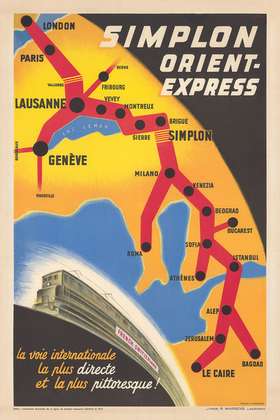 Antiguo póster del tren Orient Express, 1947 por Walther Spinner - Simplón, París, Lausana, Ginebra, Venecia, Londres, El Cairo