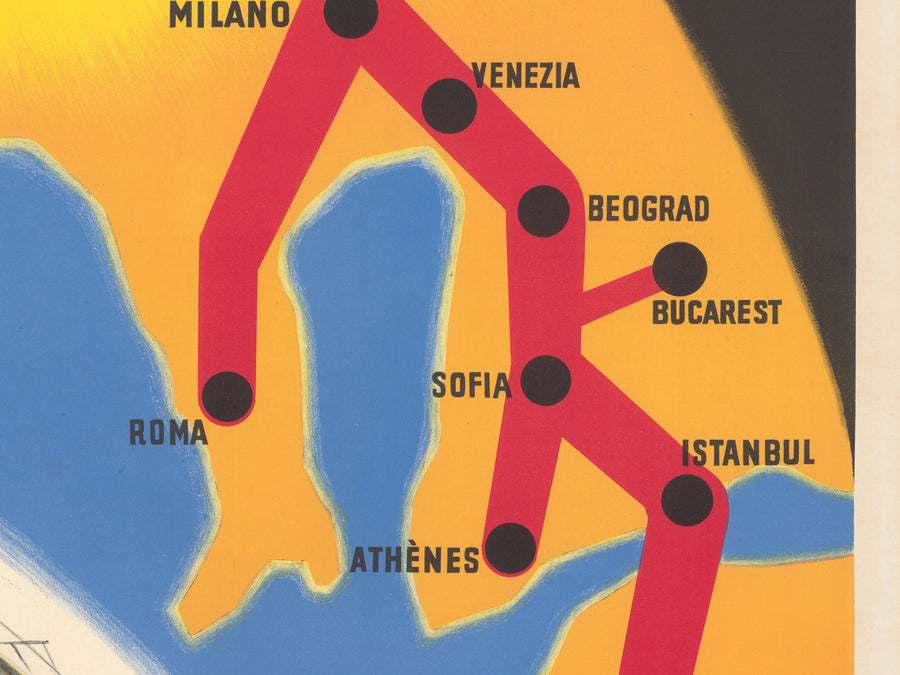 Vecchia mappa poster della ferrovia Orient Express, 1947 di Walther Spinner - Simplon, Parigi, Losanna, Ginevra, Venezia, Londra, Il Cairo 
