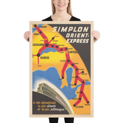 Ancienne carte-affiche du chemin de fer Orient Express, 1947 par Walther Spinner - Simplon, Paris, Lausanne, Genève, Venise, Londres, Le Caire