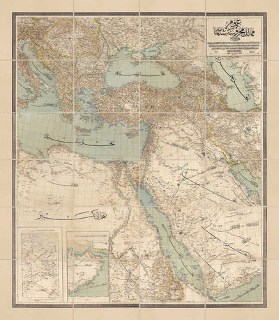 Mapa antiguo de Oriente Medio en el guión árabe, 1890 - Imperio otomano, Balcanes, Península árabe, Mar Negro
