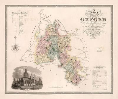 Ancienne carte d'Oxfordshire, 1829 par Greenwood - Oxford, Banbury, Abingdon, Bicester, Université